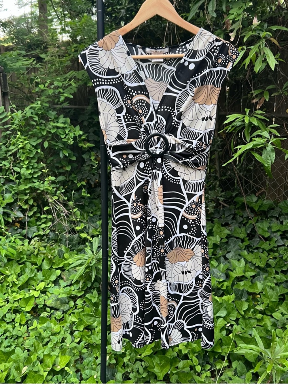 La Belle Black Floral Midi Dress with Beige and White Accents